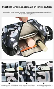Macro view of nylon crossbody bag interior holding iPad, wallet and umbrella