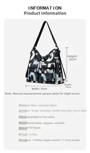 Detail view of printed nylon bag showing 35x15x32cm dimensions and lightweight 0.43kg specs