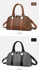 Close-up of woven texture detail on tan and black PU leather handbags with silver hardware