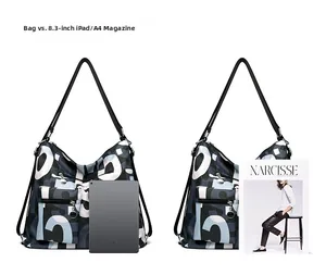 Size comparison of nylon bag capacity showing fit for A4 magazines and 8.3-inch iPad