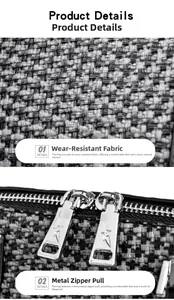 Close-up of woven tweed fabric texture and polished silver metal zipper with bird logo