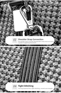 Close-up of durable metal hooks and fine stitching on a woven texture handbag strap