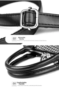 Close-up of PU leather handbag details with silver buckle and houndstooth pattern