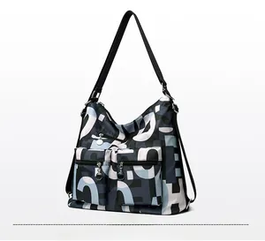 Detail view of water-resistant nylon backpack with abstract geometric pattern print