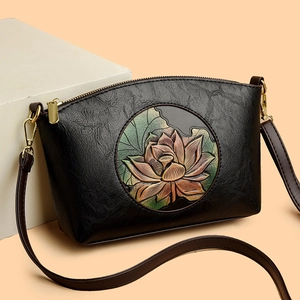Vintage Lotus Flower Embossed Crossbody Bag PU Leather Retro Shell Shoulder Purse For Women Ethnic Style Zipper Handbag