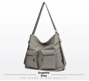 Detail of graphite grey waterproof nylon shoulder bag with multiple zippered pockets