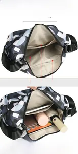 Detailed interior of the camo nylon crossbody bag showing compartments and large capacity