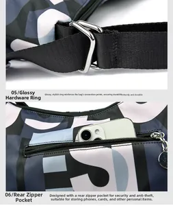 Detail of glossy silver rings, reinforced straps and anti-theft back zipper pocket