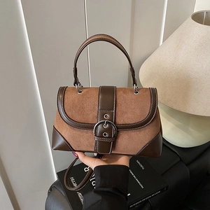 Vintage brown patchwork shoulder bag with suede material and silver round metal buckle