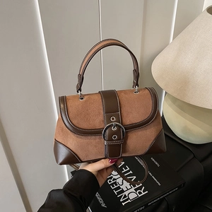 Retro patchwork handbag in brown suede and leather with metal buckle for women