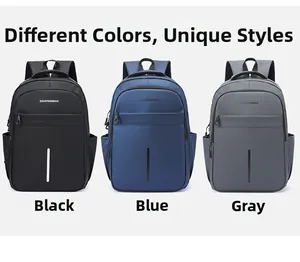 Front view of waterproof business backpacks in black, blue, and grey with zipper pockets