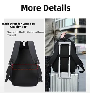 Detail of the back luggage strap on a black waterproof backpack for travel