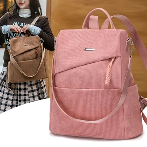 Fashionable corduroy backpack for women, large capacity travel rucksack in pink and brown