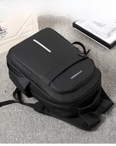 Waterproof business backpack with reflective stripe on textured matte black fabric