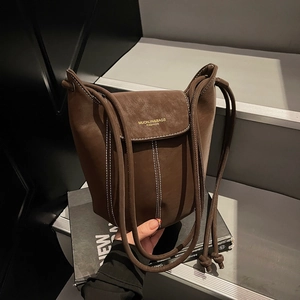 Bucket Bag Matte PU Suede Texture Contrast Stitching Flap Shoulder Crossbody Retro Simple Urban Fashion For Women