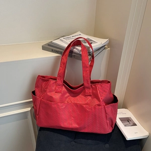 Large red plaid tote bag for women with side pockets and durable canvas material