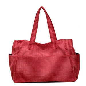 Large red checkered tote bag with multiple pockets and spacious canvas design for women