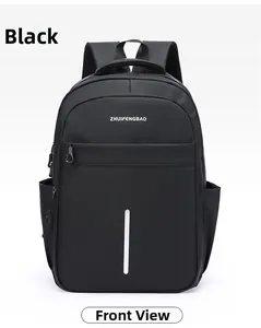 Front view of a black waterproof business backpack with white stripe detail and logo