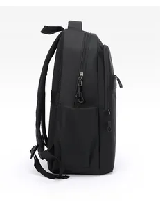 Side view of waterproof black business backpack showing side pocket and durable zipper