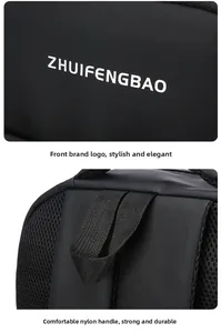 Detail view of reinforced nylon handle and white printed logo on black travel backpack