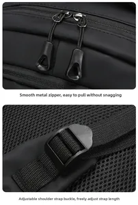 Detail of smooth metal zippers and adjustable plastic buckles on breathable mesh shoulder straps