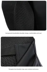Detail of breathable honeycomb mesh shoulder straps and reinforced triangular stitching
