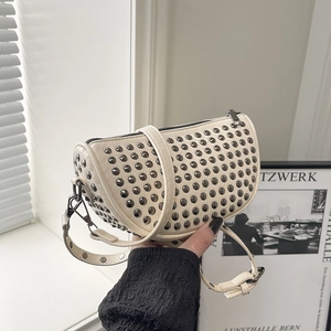 Punk Rivet Studded Half Moon Shoulder Bag PU Leather Crescent Crossbody Purse With Adjustable Strap Retro Fashion