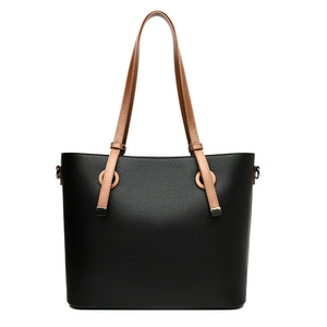 Grand sac cabas en cuir noir à motif litchi avec poignées brunes et détails dorés
