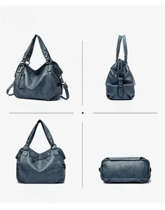 Detailed four-sided views of a blue lychee texture handbag with fringe and metal ring handle