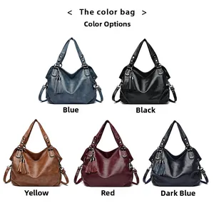 Multiple color options for tassel shoulder bag including blue, black, and wine red
