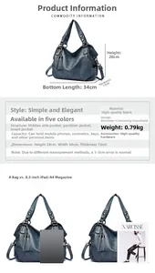 Detailed size comparison and internal structure of blue tote bag with tassel