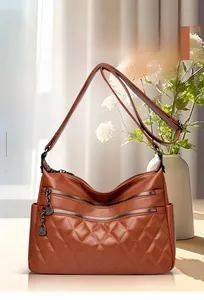 Detailed view of quilted dark brown faux leather texture and multi-pocket design on women handbag