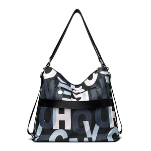 Women's casual large capacity black nylon shoulder bag with stylish letter print
