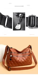 Detail of brown quilted leather shoulder bag featuring silver zippers and adjustable strap