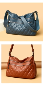 Detail of blue and brown quilted leather shoulder bags with multiple zipper pockets