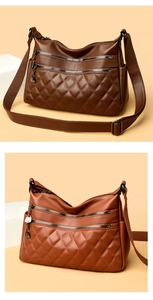 Detail of quilted leather texture and dual zipper pockets on a women's shoulder bag