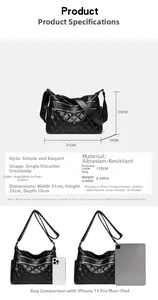 Quilted leather shoulder bag showing 31x23x10cm dimensions and size comparison