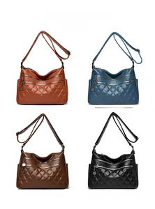 Color display of quilted soft leather crossbody bags in yellow, blue, brown, and black