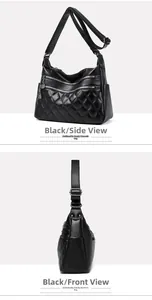 Detail of black pebbled leather handbag featuring classic diamond quilt stitching and zippers