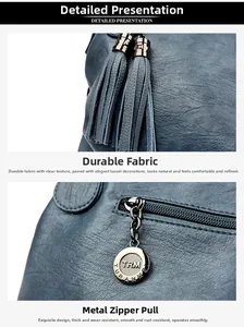 Detail of navy leather bag featuring a retro fringe tassel and branded metal zipper