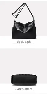 Detail view of the back and bottom of a black pebbled leather crossbody bag with silver zipper