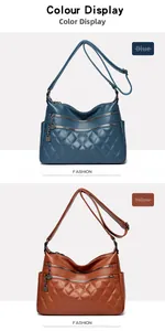 Detail view of blue and brown PU leather crossbody bags with quilted textures and zippers