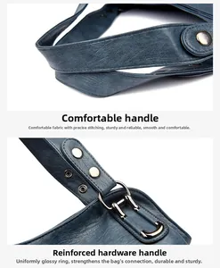 Detail of dark blue leather handbag showing reinforced handles and precision stitching