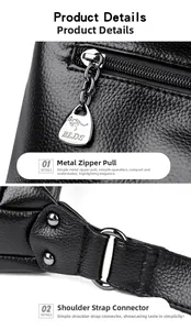 Detail of silver hardware zipper with kangaroo logo and reinforced strap buckle on black leather bag