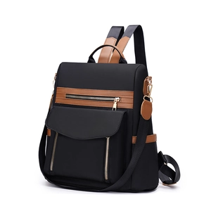 Schwarzer Oxford-Rucksack mit braunem Lederbesatz und mehreren Reißverschlüssen