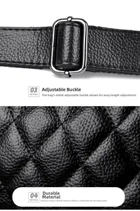 Close-up of black litchi grain leather strap with silver metal buckle and diamond quilt fabric