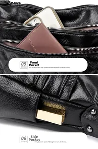 Detail of black pebbled leather crossbody bag showing dual front zip pockets and side pocket