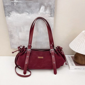 Retro burgundy large capacity leather handbag with gold logo and side drawstring