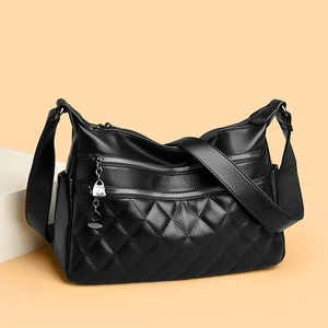 Women Crossbody Bag PU Leather Litchi Texture Multi Zipper Quilted Rhombus Pattern Casual Large Capacity Shoulder Bag