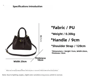 Brown PU leather bucket bag detail with adjustable strap and product dimensions
